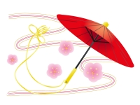 赤い番傘と梅の花の年賀状イラスト