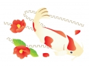 紅白の鯉と椿の年賀状イラスト