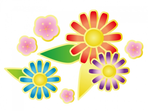 梅とカラフルな花の年賀状イラスト