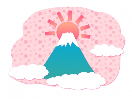 かわいい花柄背景の富士山の年賀状イラスト