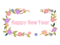 HappyNewYearと花の飾り枠の年賀イラスト