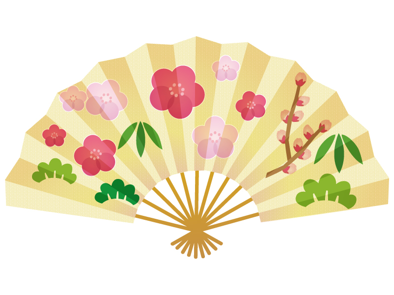 梅の花と金色の扇子の年賀状イラスト | 年賀状の無料テンプレートやイラスト