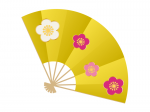 梅の花と金色の扇子の年賀状イラスト