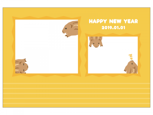 「HappyNewYear」と猪の写真フレーム年賀状はがきテンプレート02