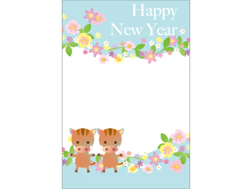 お花とかわいい猪の年賀状テンプレート